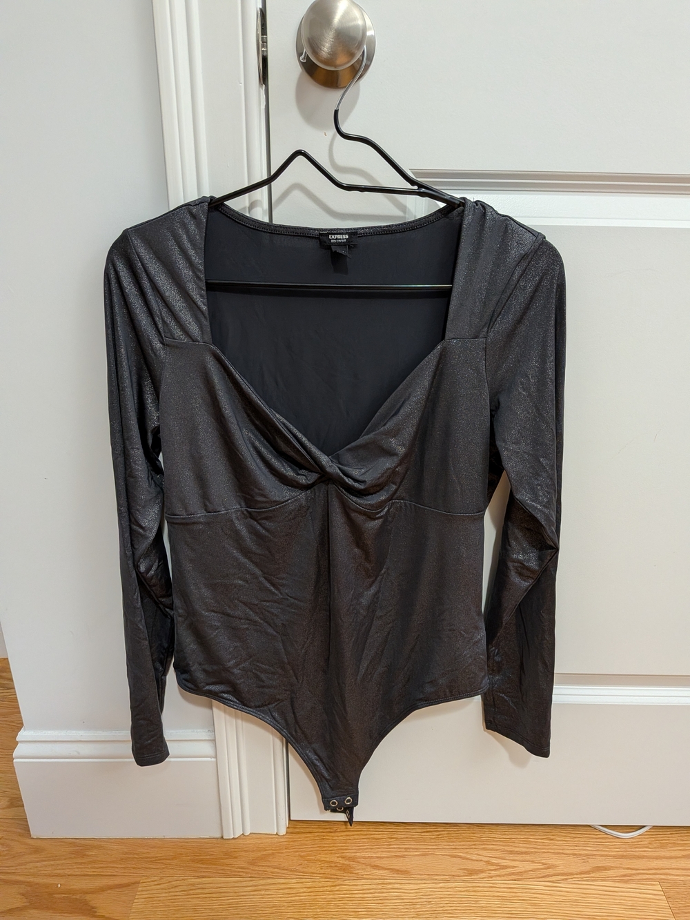 Express Metallic Black Long-Sleeve Twist-Front Bodysuit